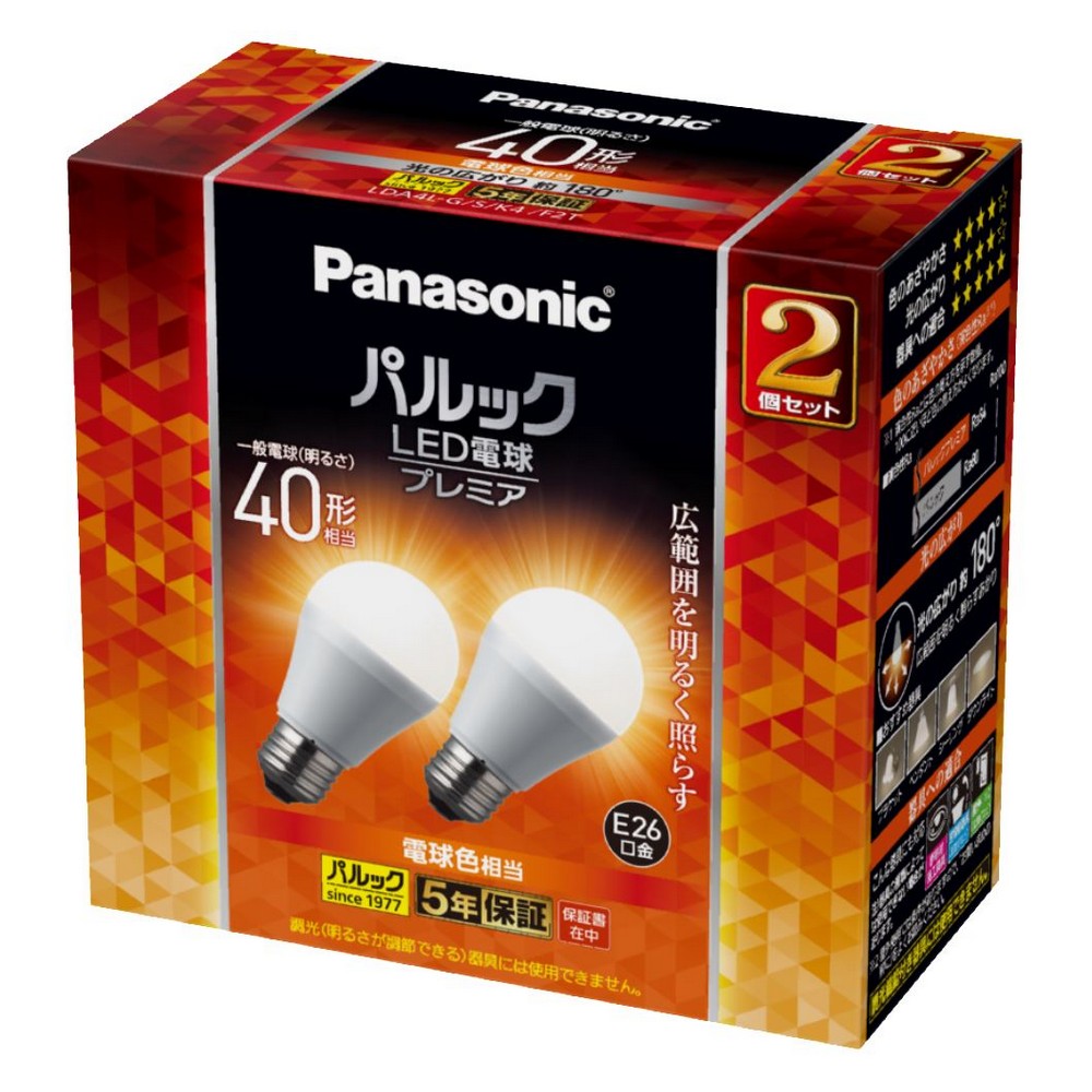 パナソニック パルックプレミア LED電球 一般電球形 E26 40w形 電球色 2個入 LDA4LGSK4F2T