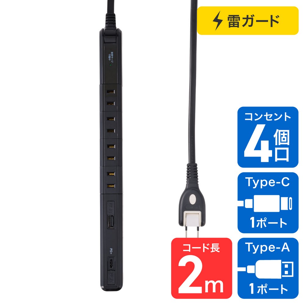 エルパ(ELPA) スリム回転タップ 雷ガード AC4個口 USB Type-A -C 各1ポート コード長2m ブラック WB-SL4222SUC(BK)